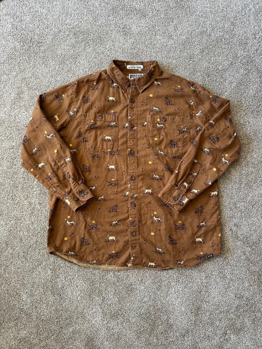 Duluth Trading Brown Hunting Dog Print 100% Cotton Flannel Shirt Men's XL